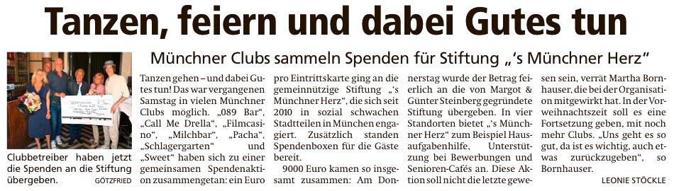 Artikel in der tz: Münchner Clubbetreiber spenden für 's Münchner Herz